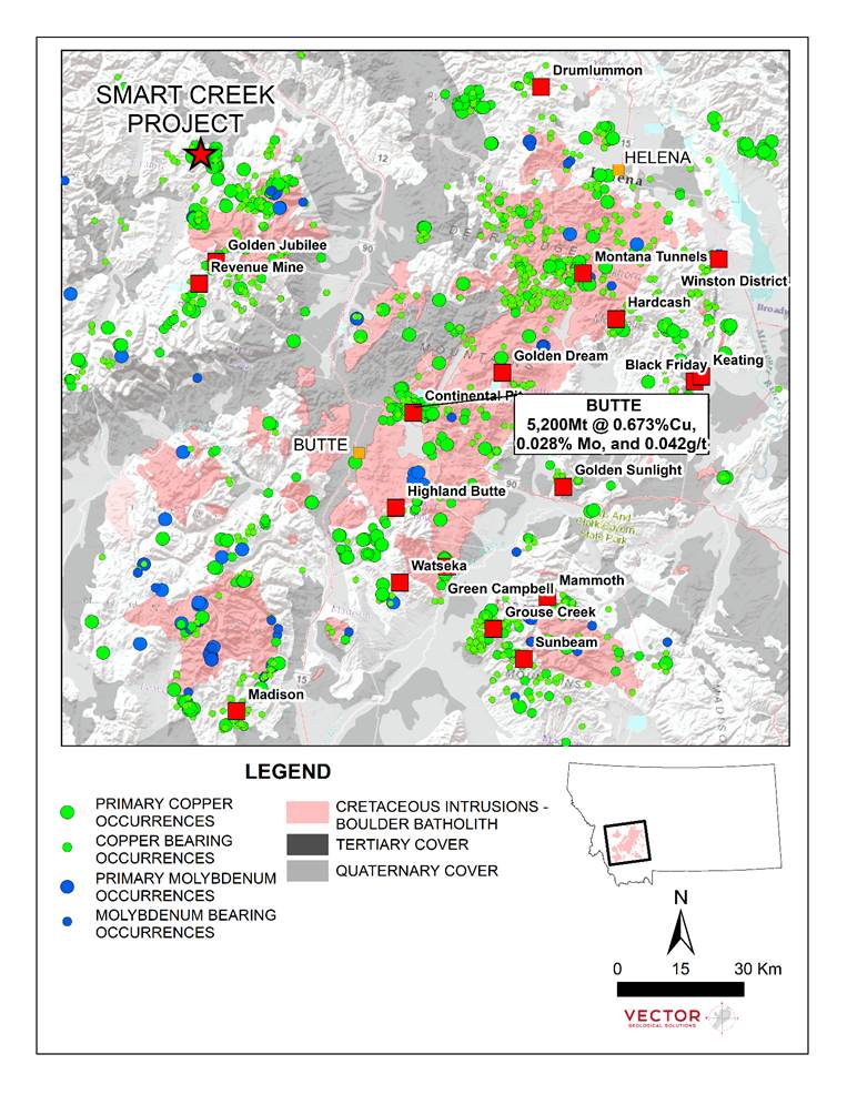 The image is a map illustrating the SMART CREEK project in Helena, Montana, featuring various mineral deposits and geological layers.AI-generated content may be incorrect.