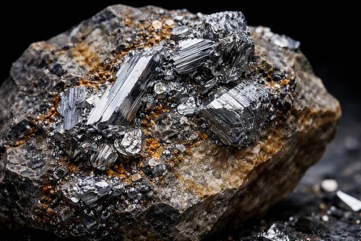 Raw antimony ore with stibnite crystals