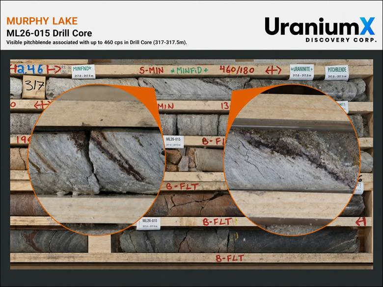 Figure 2. Visually identified pitchblende in drill hole ML26-015, 317 to 317.5 metres